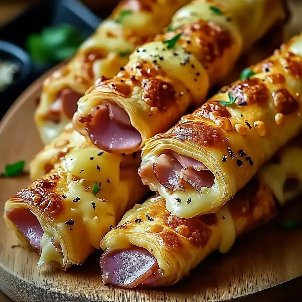 Dos platos con rollos de hojaldre crujientes, rellenos de jamón y cubiertos con queso derretido, servidos sobre una tabla de madera.