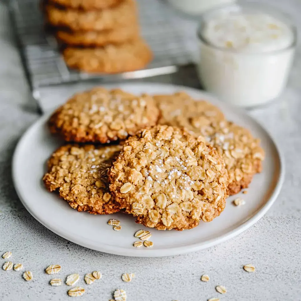 Un plato con galletas de Hafer recién horneadas, decoradas con un toque de azúcar glas, sobre una mesa clara.