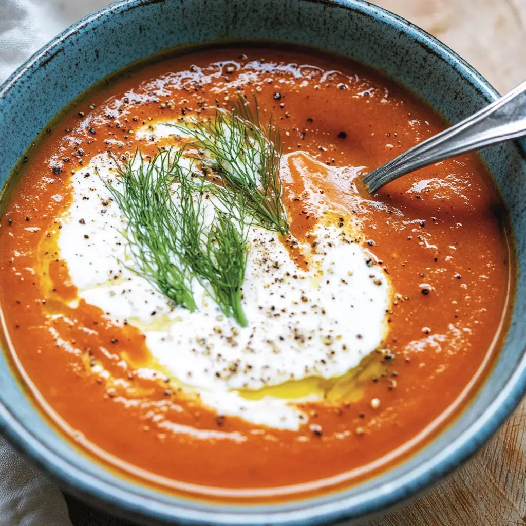 Un bol de sopa de tomate decorado con crema, eneldo fresco y pimienta negra.