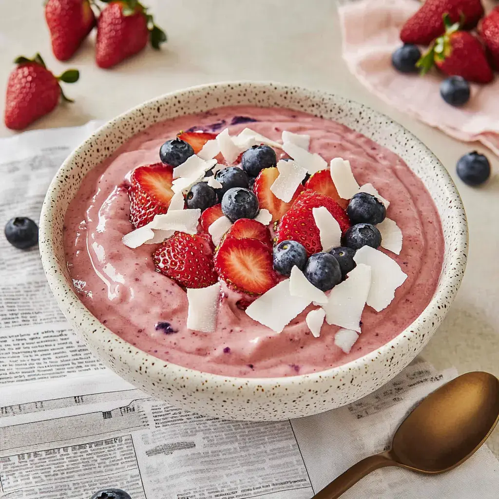 Un bowl cremoso decorado con fresas, arándanos y coco rallado, sobre hojas de periódico.