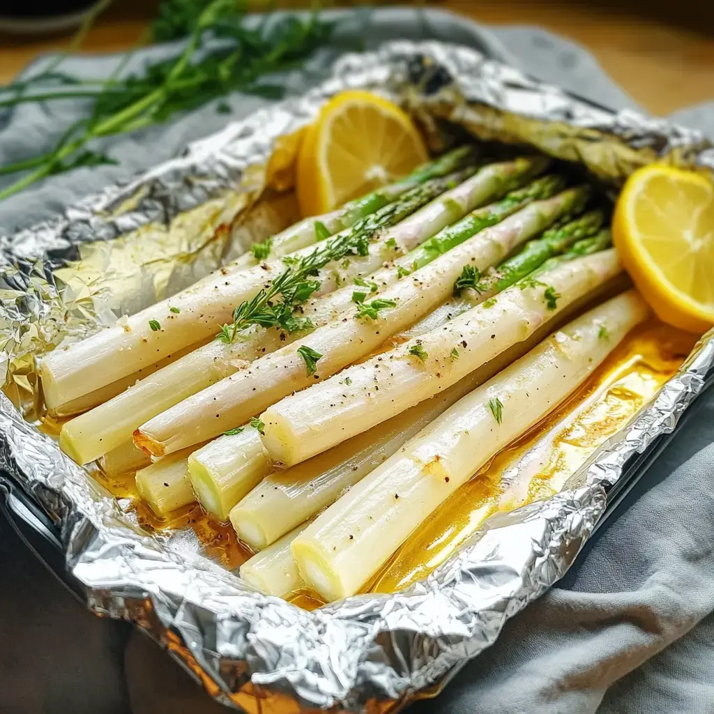 Una bandeja de puerros horneados, decorados con hierbas y rodajas de limón, envuelta en papel aluminio.
