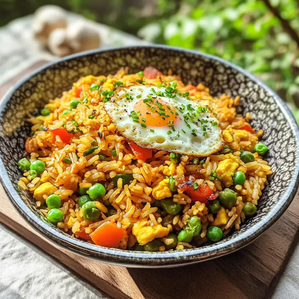 Un bol con arroz salteado, verduras y un huevo frito, decorado con cebollín.