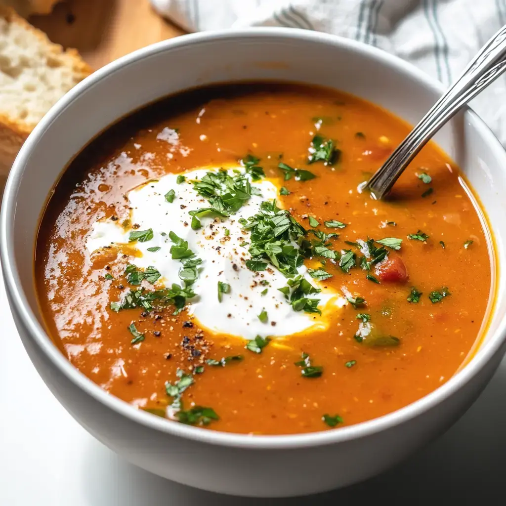 Un plato con sopa de tomate servido con crema y cilantro fresco, acompañado de pan en el fondo.