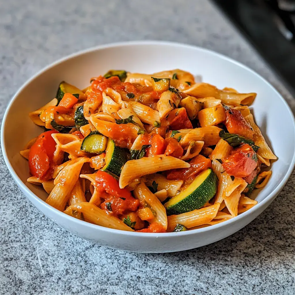 Un plato de pasta con salsa de tomate, calabacín y zanahoria.
