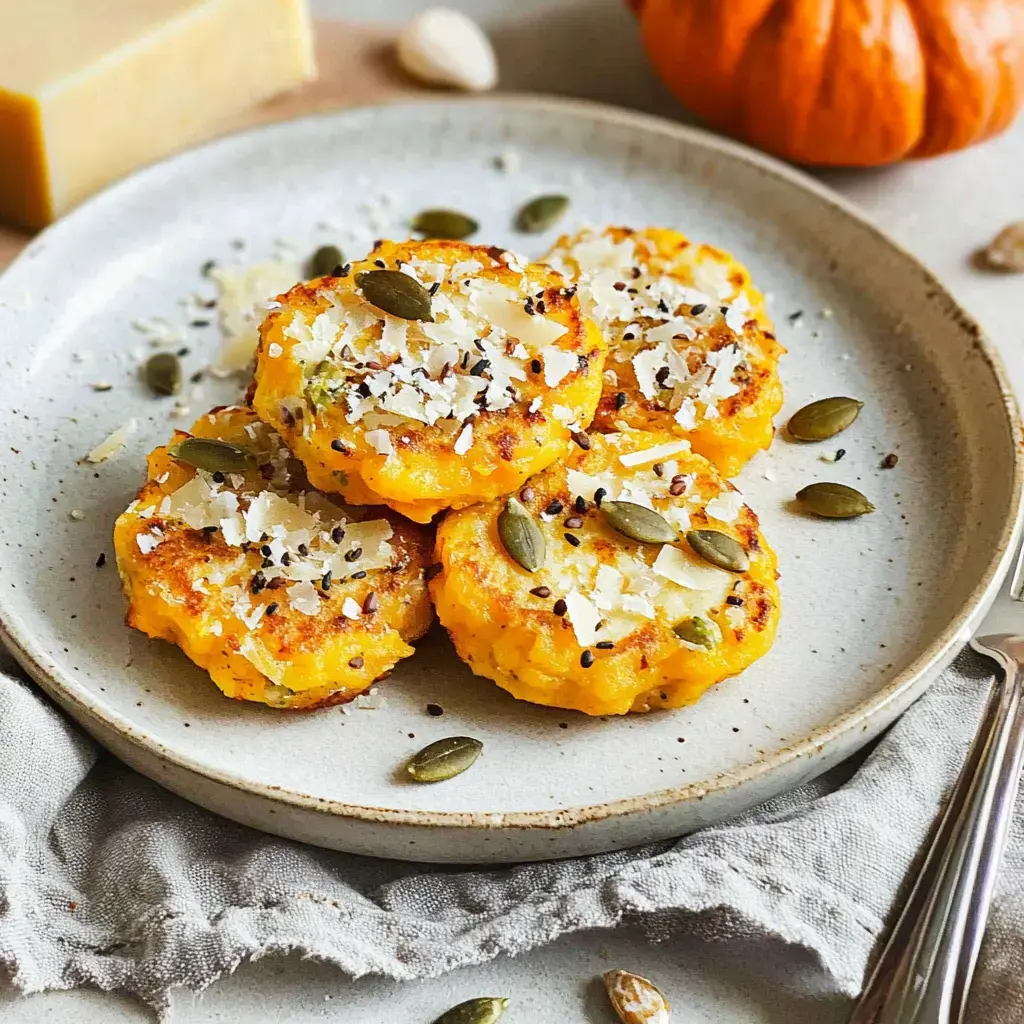 Un plato con cuatro crujientes bolas de calabaza, decoradas con queso, semillas tostadas y negras, enmarcado por un mantel tejido y una calabaza de fondo.