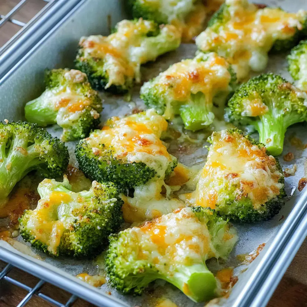 Brócoli al horno cubierto de queso derretido en una bandeja.