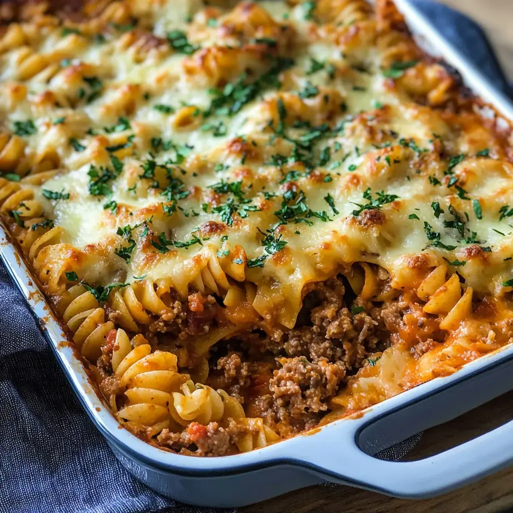 Un delicioso plato horneado con pasta de espiral, carne molida y queso, decorado con perejil fresco.