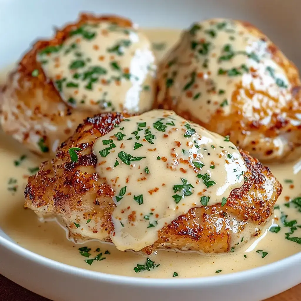 Trozos de pollo dorado en una salsa cremosa, decorados con hierbas frescas.