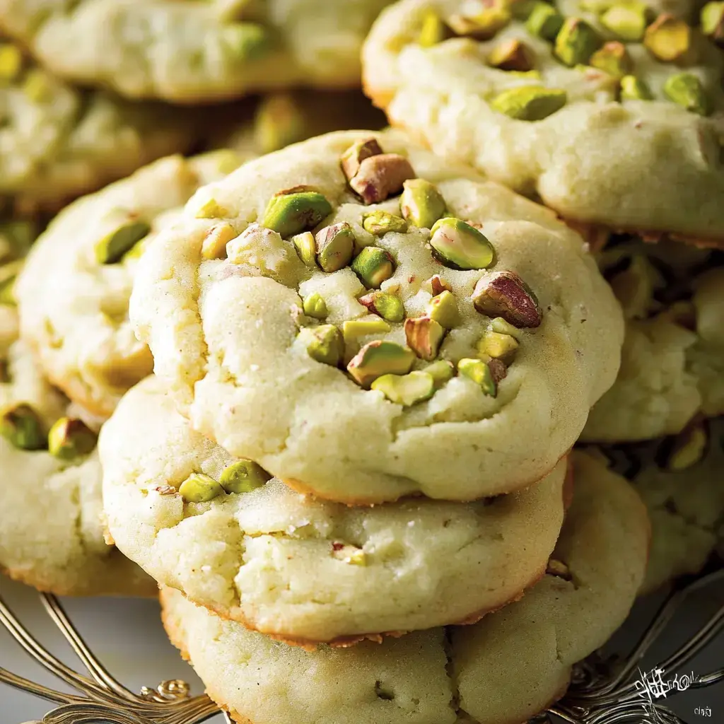 Una pila de suaves galletas con pistachos servidas en un plato dorado.