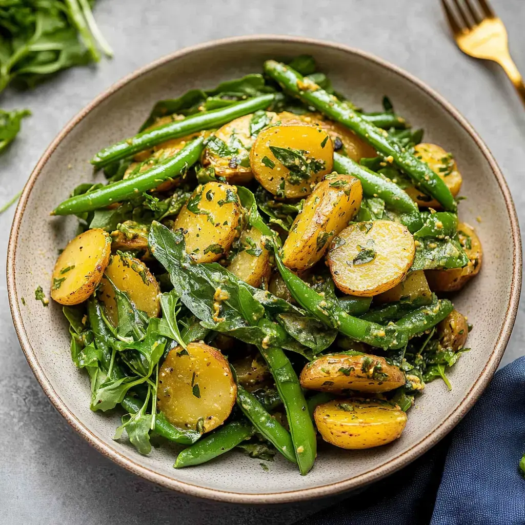 Un bol con ensalada a base de patatas, judías verdes y rúcula, decorado con hierbas frescas y un aliño verde.