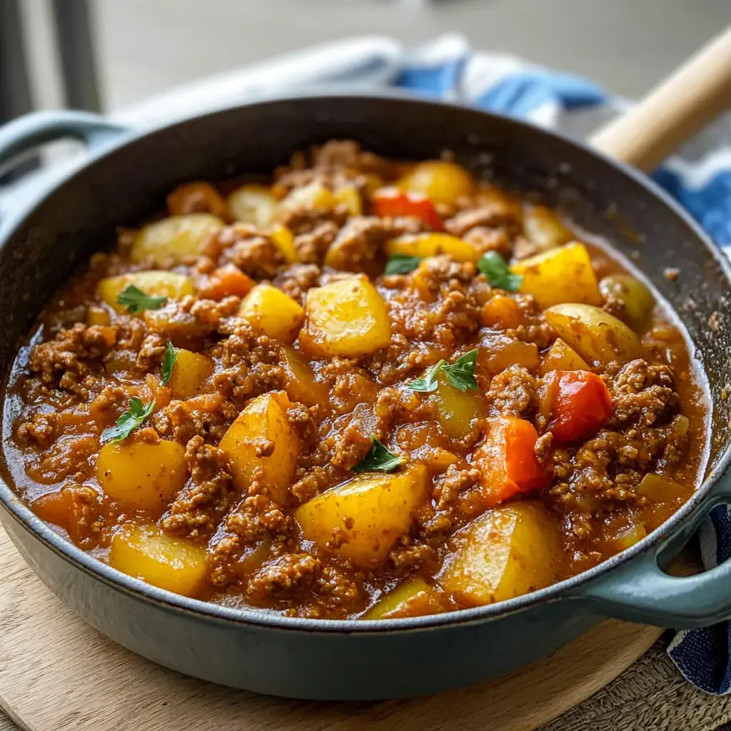 Un guiso abundante con carne molida, papas y pimientos en una suculenta salsa rojiza.
