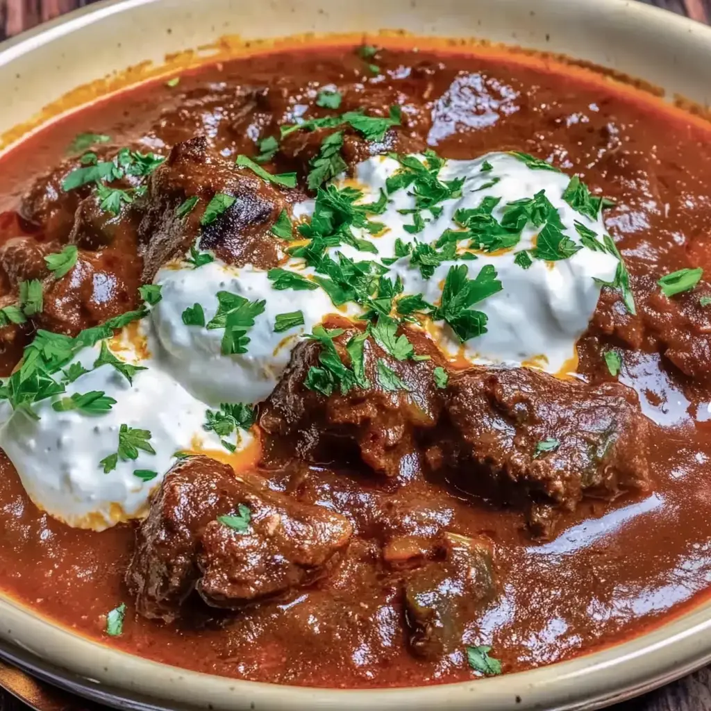 Un plato con carne jugosa y una salsa rica, adornado con cilantro fresco y un toque de crema.