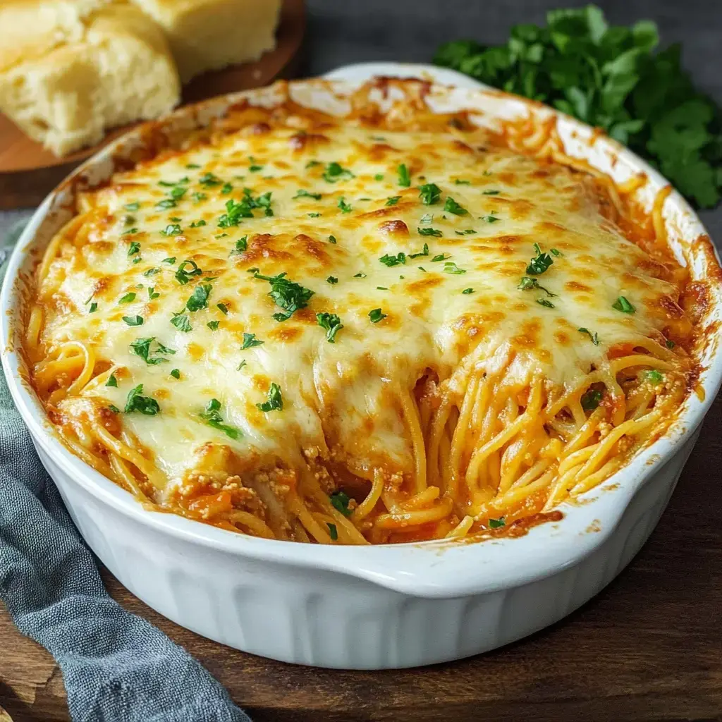 Un delicioso pastel horneado con espagueti, queso derretido y decorado con perejil fresco.
