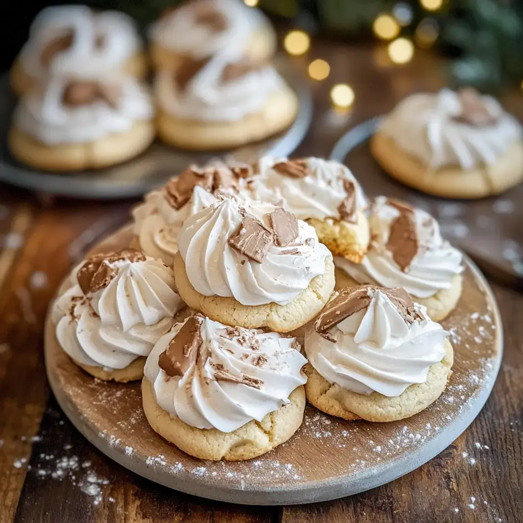 Una pila decorativa de galletas con crema y trozos de chocolate, rodeada por un ambiente festivo.