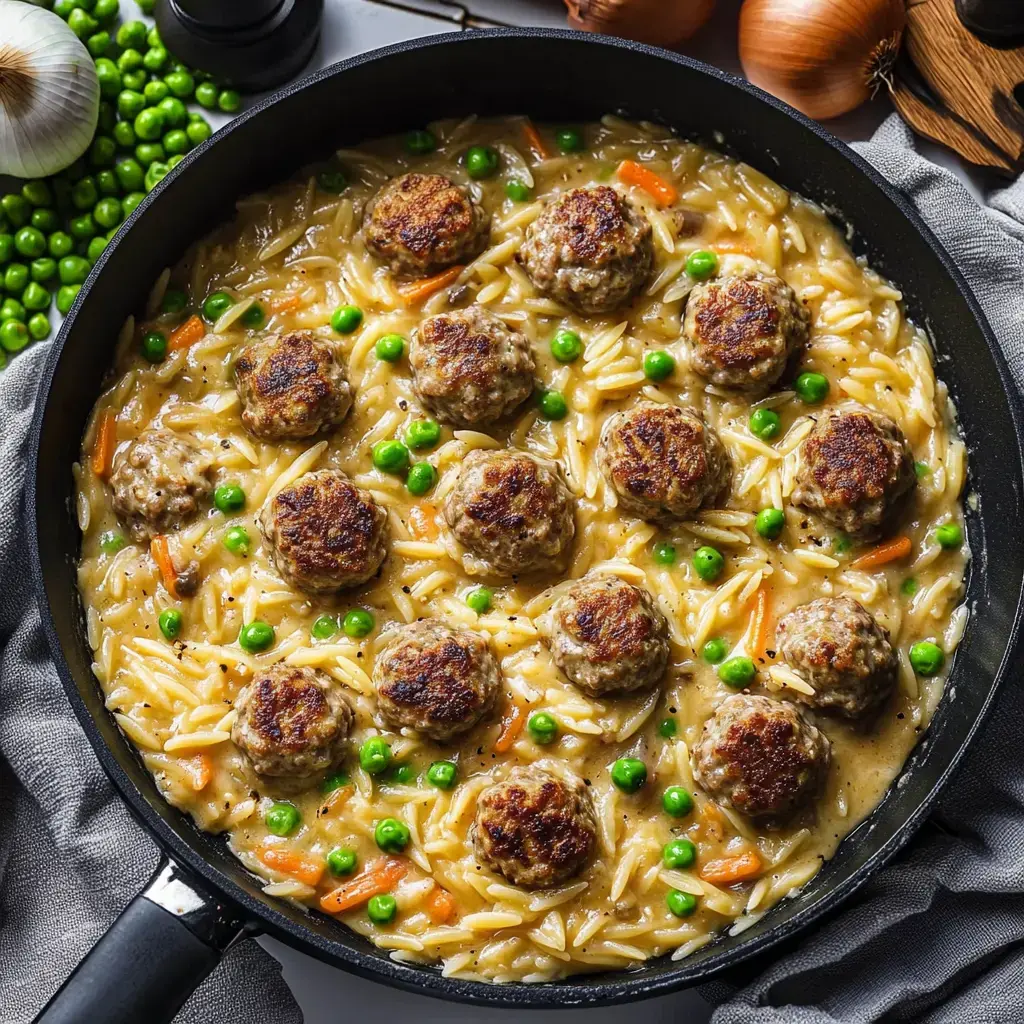 Una sartén con albóndigas, arroz, guisantes y zanahorias en una salsa cremosa.