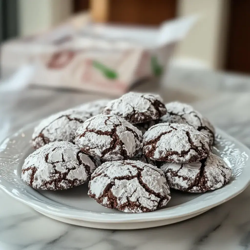Un plato con galletas de chocolate espolvoreadas con azúcar glas, colocado sobre una mesa.