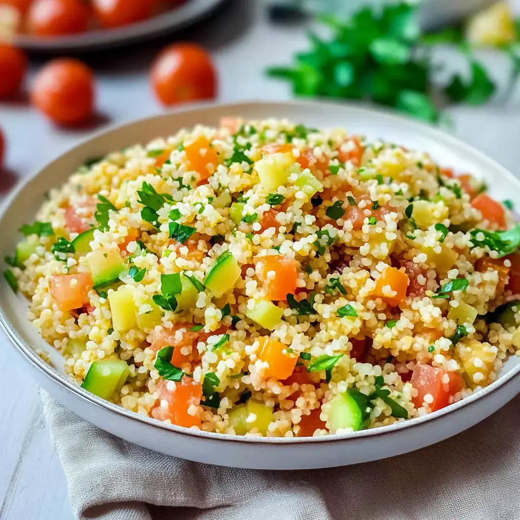 Una ensalada de bulgur colorida con vegetales frescos y hierbas servida en un plato.