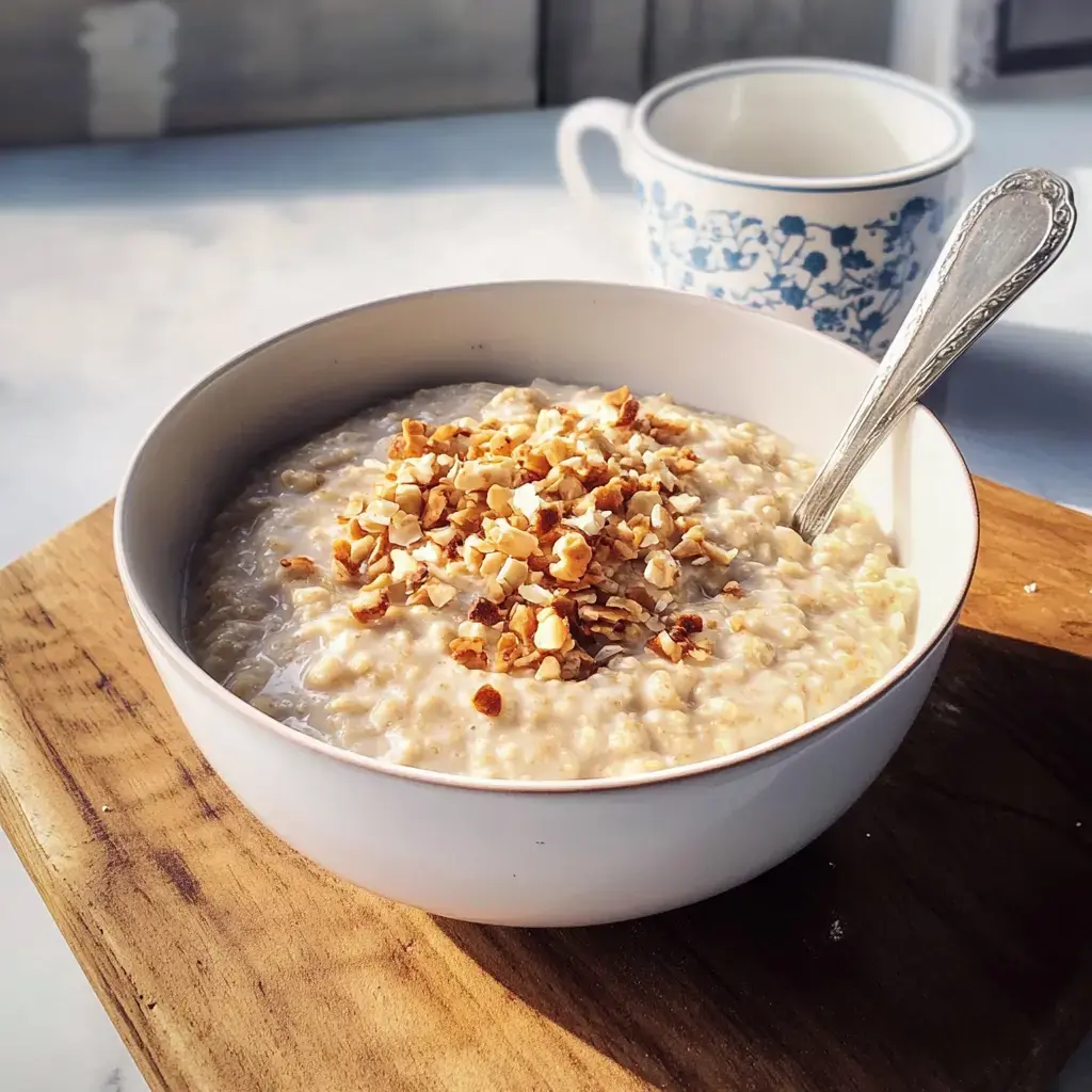 Un plato de haferbrei adornado con nueces picadas, sobre una tabla de madera con una taza al lado.