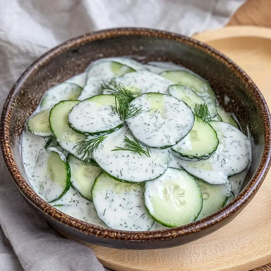 Un bol con rodajas de pepino en una cremosa mezcla de yogur y dill.