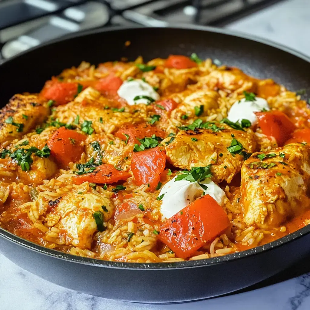 Un wok lleno de pollo, arroz, tomates y hierbas, terminado con un toque cremoso.