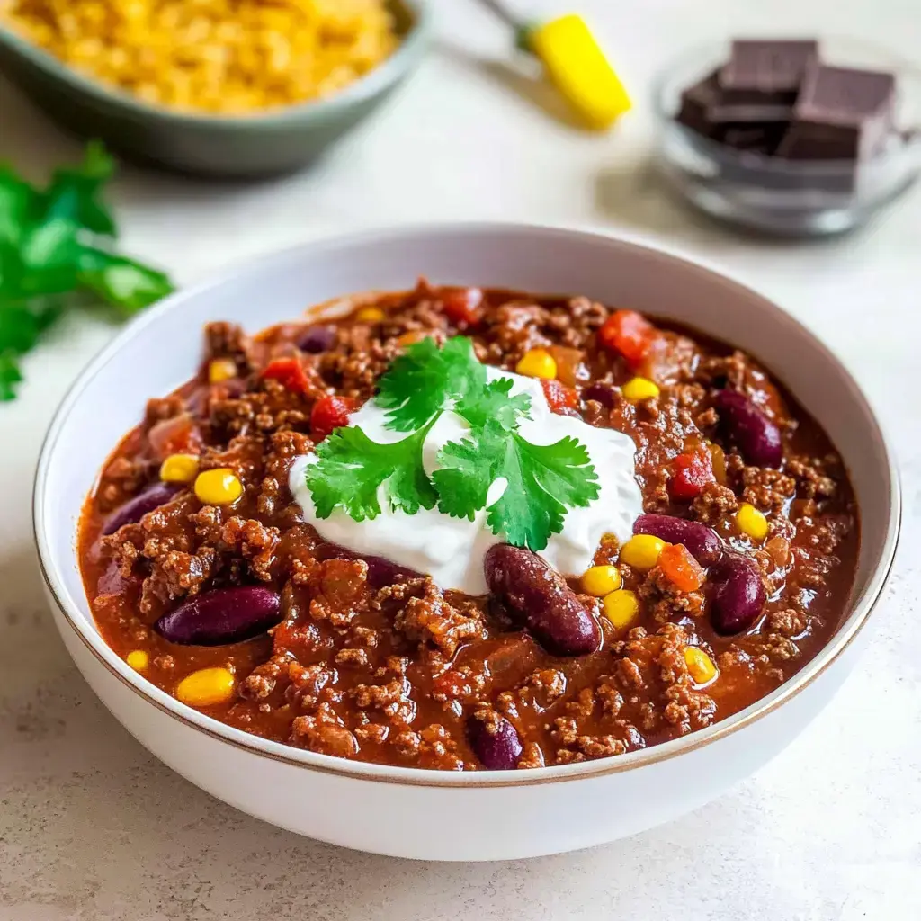Un tazón de Chili con Carne lleno de carne molida, frijoles rojos, maíz y decorado con crema agria y cilantro fresco.