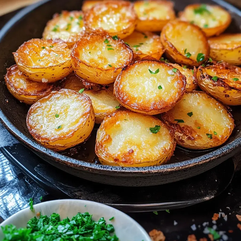 Rodajas de papas doradas y crujientes en una sartén con perejil fresco picado al lado.