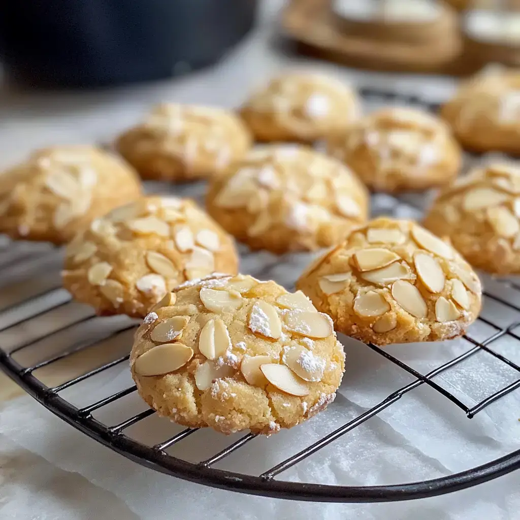Recién horneadas galletas decoradas con almendras en una rejilla de cocina.
