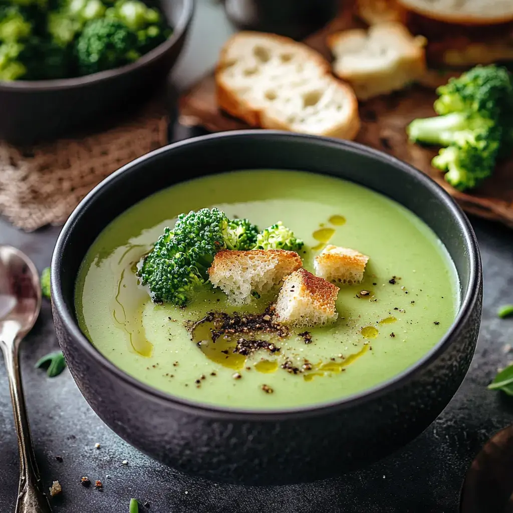 Una sopa cremosa de brócoli verde con floretes de brócoli, picatostes tostados y un chorro de aceite de oliva en un plato negro.