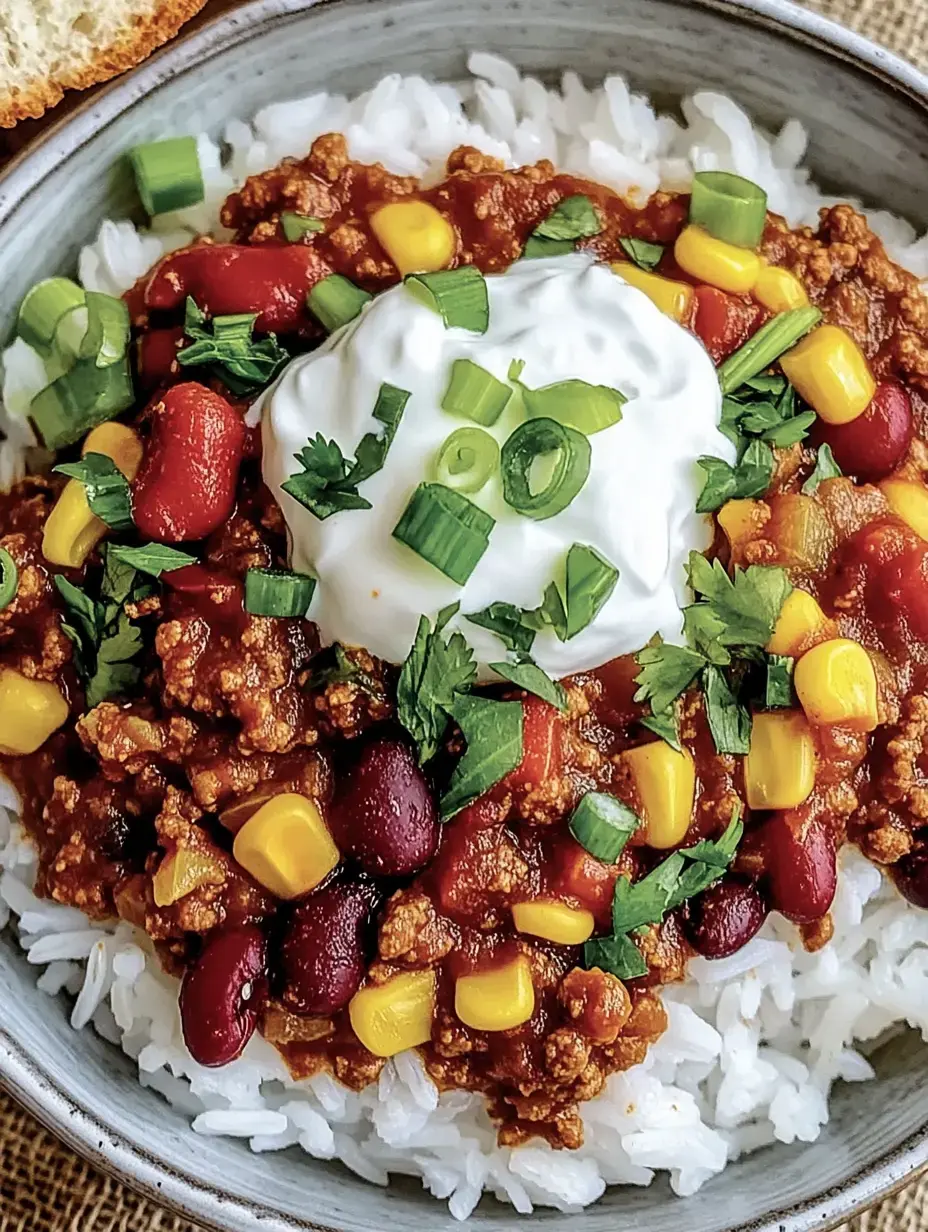 Un bol de arroz con un chili especiado de frijoles, maíz, hierbas frescas y un toque de yogur vegetal.