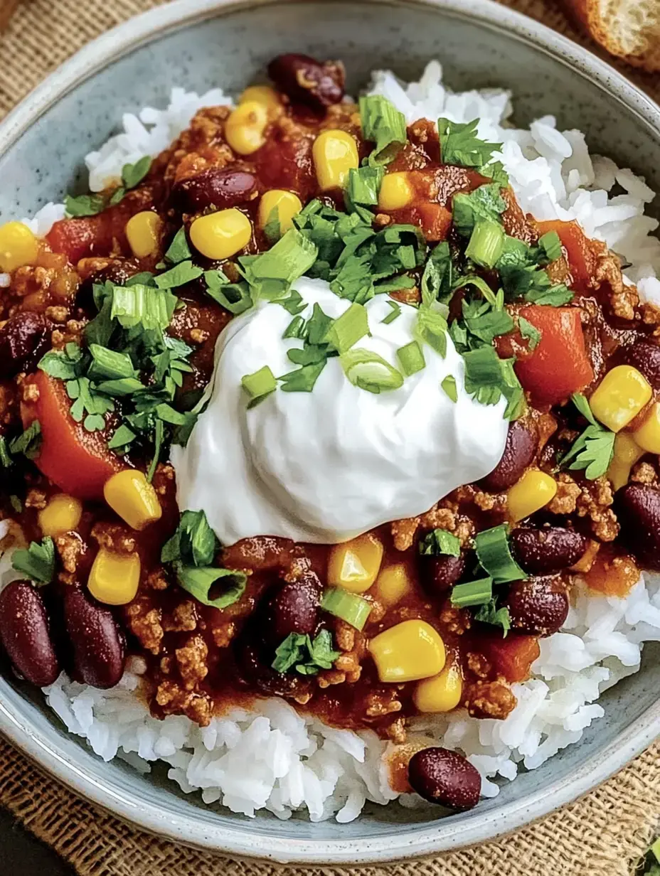 Bol de arroz cubierto con chili, maíz, frijoles, tomate fresco, cilantro y yogur vegetal.