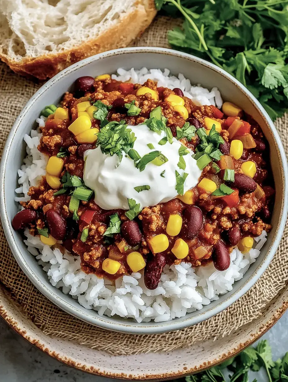 Plato con arroz, chili de frijoles, maíz y soya texturizada, yogurt vegetal y cilantro, junto a pan.