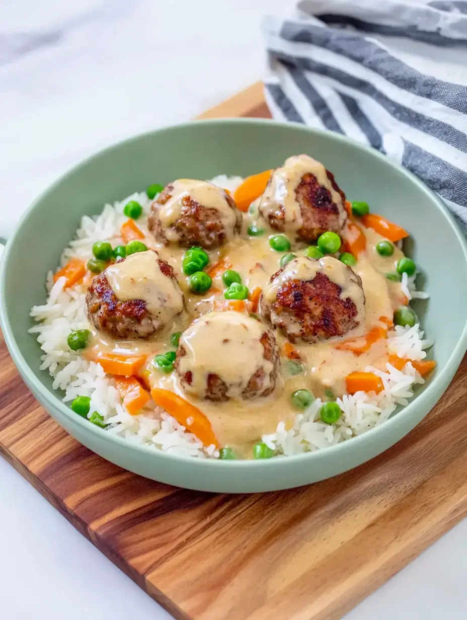 Un cuenco con arroz, zanahorias y guisantes, adornado con albóndigas en salsa cremosa.