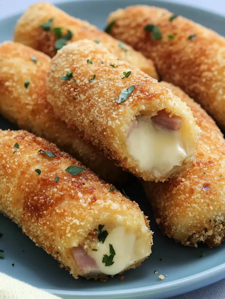 Rollitos rellenos de queso y jamón bien dorados, con perejil picado en un plato azul.