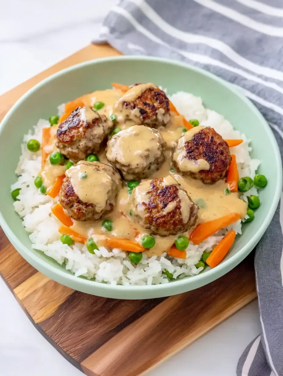 Un cuenco con arroz, relleno de albóndigas en salsa cremosa, rodeado de guisantes y tiras de zanahoria.