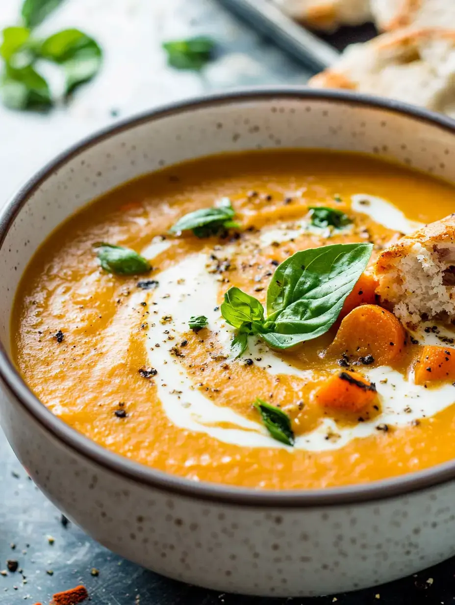 Un bol de sopa color zanahoria con albahaca fresca y un poco de crema, junto a trozos de pan en la mesa.