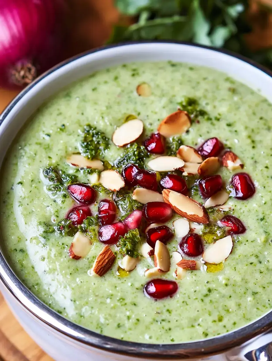 Sopa verde cremosa, servida en un bol con almendras y semillas de granada encima.