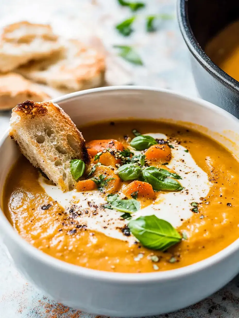 Un bol de sopa cremosa de calabaza, decorado con albahaca, nata y pan al lado.