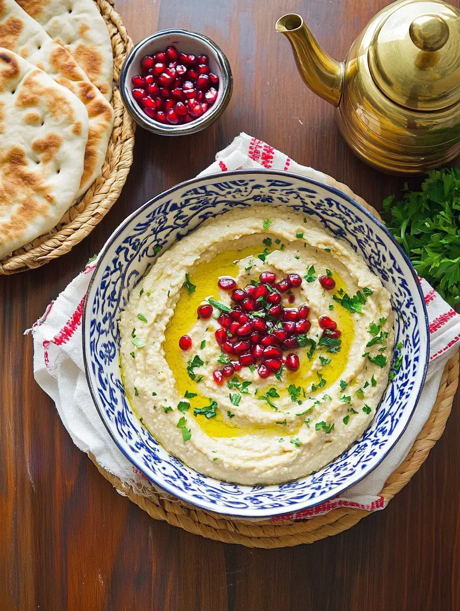Un cuenco de hummus con semillas de granada y aceite de oliva, rodeado de pan de pita y una tetera.