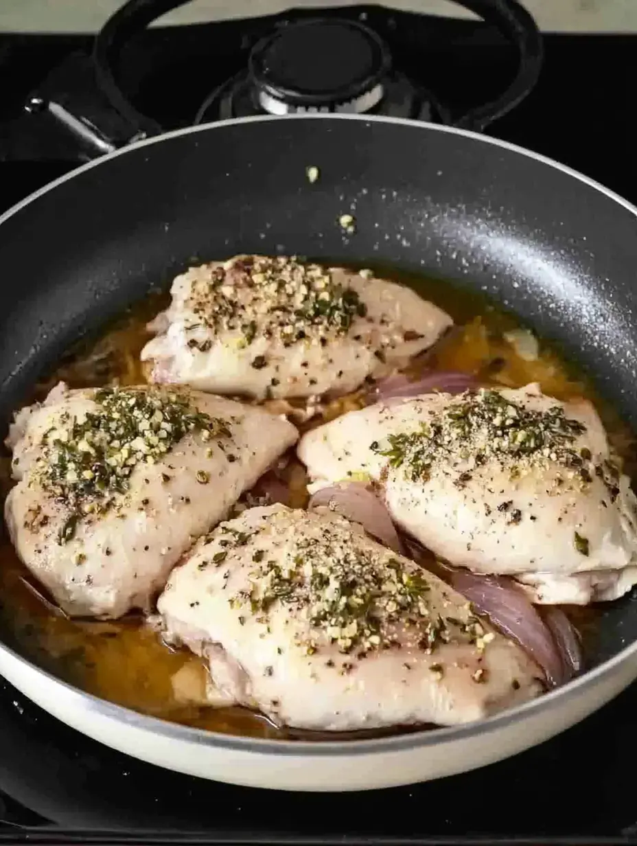 Cuatro piezas de pechuga de pollo cocinándose con especias y cebolla en una sartén.