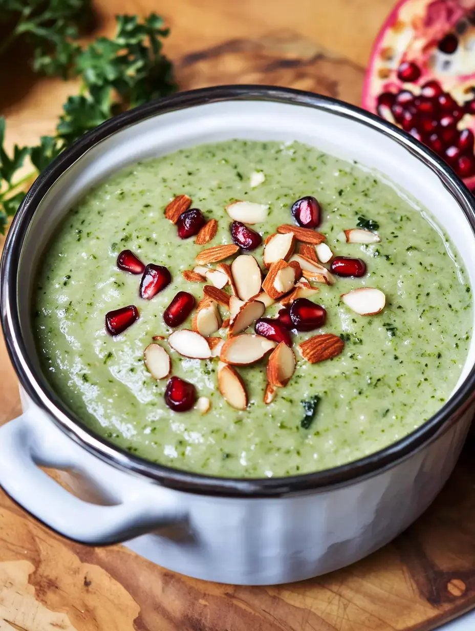 Bol de sopa verde con almendras fileteadas y semillas de granada sobre tabla de madera.