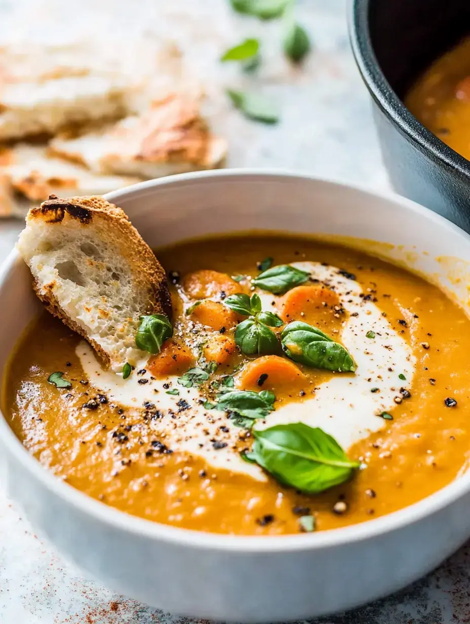 Un bol de sopa de calabaza con albahaca fresca, nata y una rebanada de pan tostado al frente.