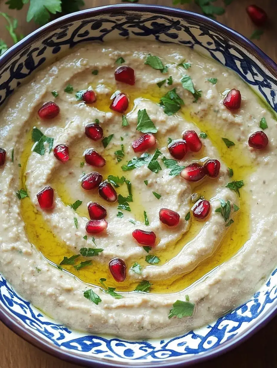 Un recipiente de hummus, adornado con semillas de granada, cilantro fresco y un chorrito de aceite de oliva.