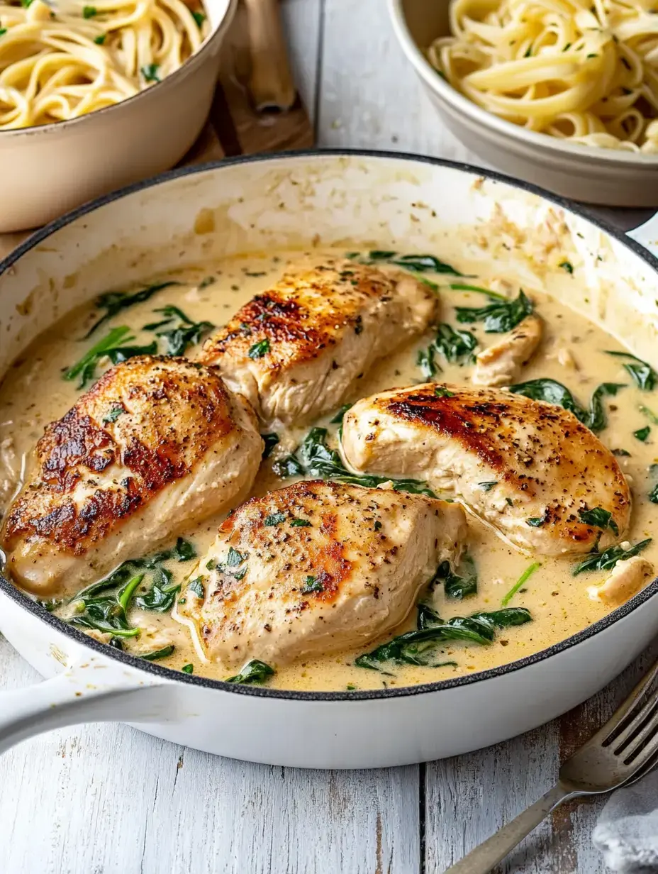 Pechugas de pollo en salsa cremosa rodeadas de espinaca y de fondo dos platos con pasta.