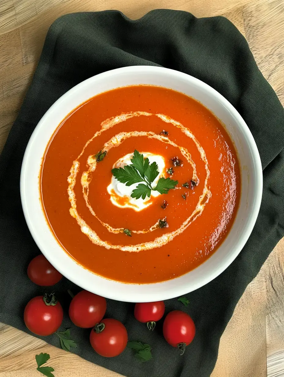 Un tazón de sopa de tomate roja con nata por encima perejil fresco y rodeada de tomatitos.