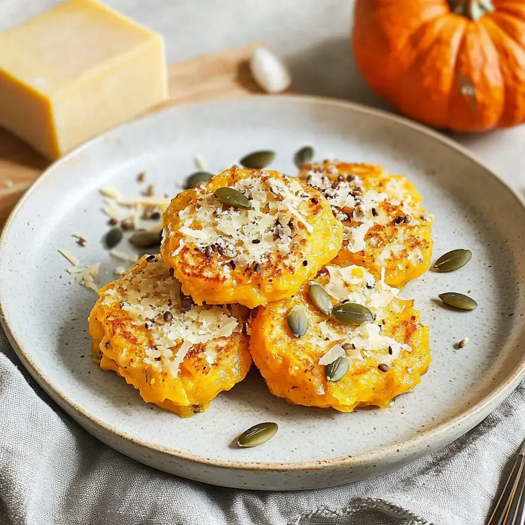 Bolitas de quinoa y calabaza en un plato, decoradas con semillas de calabaza y queso rallado, rodeadas de calabaza y cubos de queso.