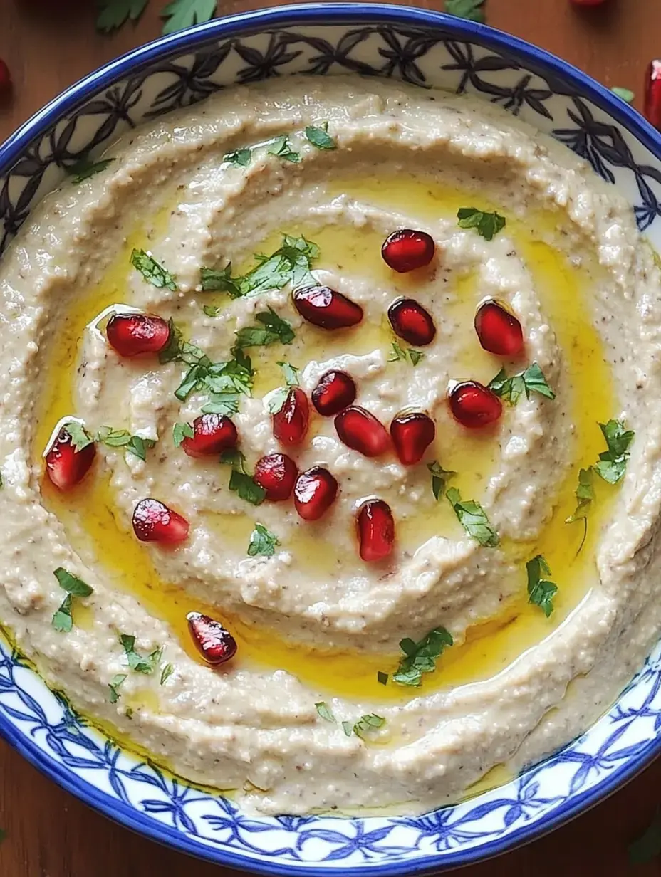 Un cuenco de Baba Ghanoush, adornado con aceite de oliva, semillas de granada y cilantro fresco.