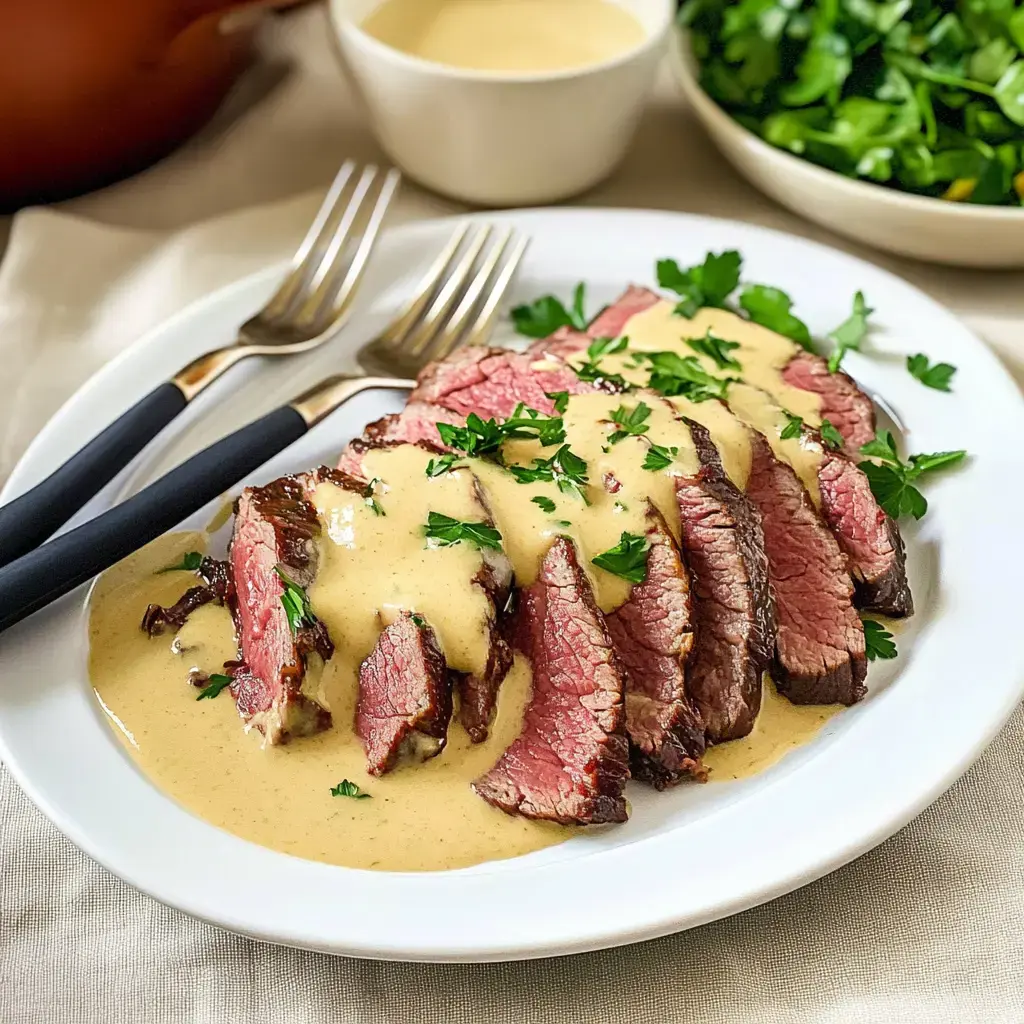 Plato de carne de res en láminas, bañado en una salsa blanca cremosa y hierbas frescas, acompañado de ensalada verde en un bowl.
