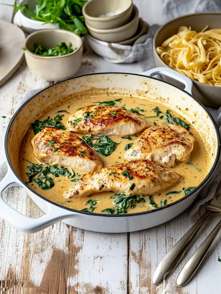 Un sartén con pechugas de pollo en salsa cremosa de espinaca, rodeadas de verduras frescas y un plato de pasta al lado.
