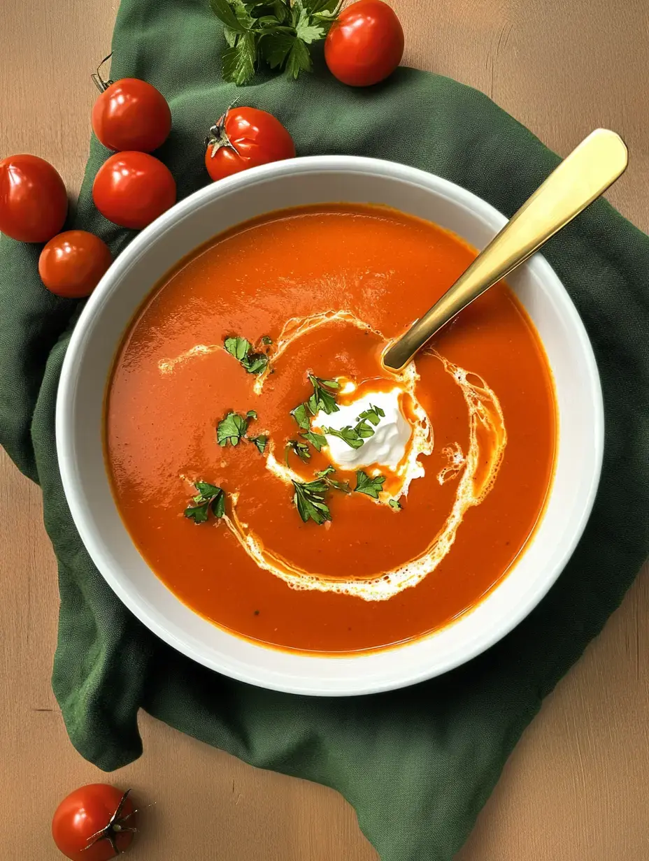 Un bol de crema de tomate con un poco de nata y cilantro fresco rodeado de tomates rojos y un paño verde.