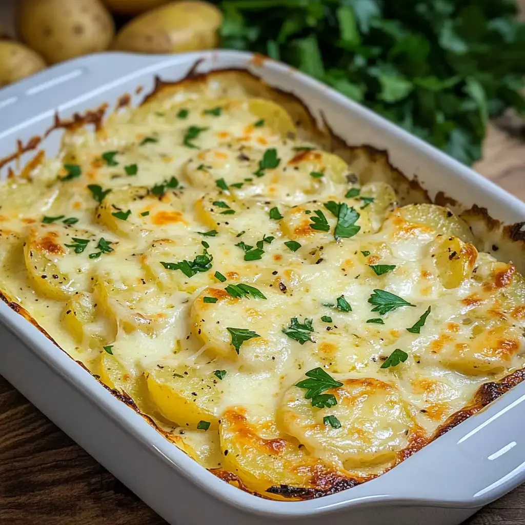 Un gratinado de patatas cremoso con queso y hierbas frescas en una fuente blanca.